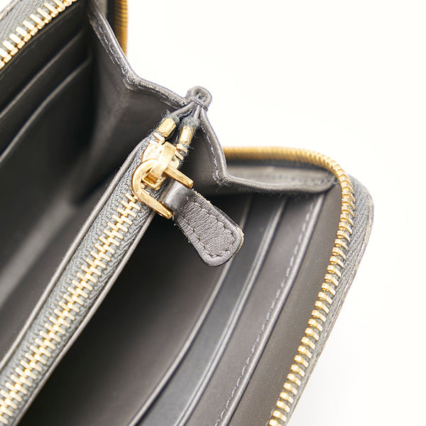 ミュウミュウ 型押し ラウンドファスナー 長財布 グレー パテントレザー レディース MIUMIU 【中古】