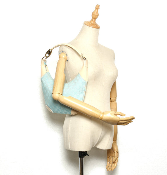 グッチ GGキャンバス 001・4158 ベージュ 水色 キャンバス レザー ショルダーバッグ レディース GUCCI 中古