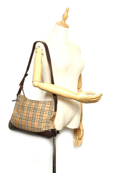 バーバリー ノバチェック ベージュ ブラウン キャンバス レザー 肩掛け ショルダーバッグ レディース BURBERRY 中古