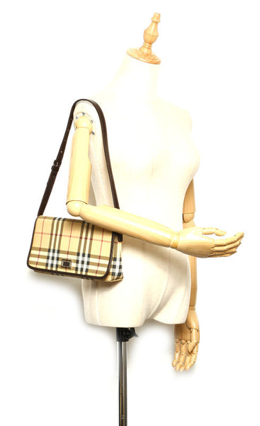 バーバリー ノバチェック ベージュ ブラウン PVC レザー ショルダーバッグ レディース BURBERRY 中古