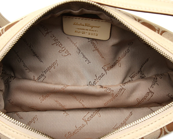 サルヴァトーレフェラガモ ガンチーニ AU-21 3323 ベージュ ブラウン キャンバス レザー ショルダーバッグ レディース Salvatore Ferragamo 中古