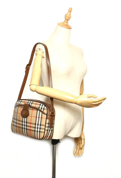 バーバリー ノバチェック ベージュ ブラウン キャンバス レザー 肩掛け ショルダーバッグ レディース BURBERRY 中古