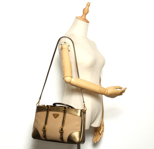 プラダ ベージュ ゴールド キャンバス レザー ハンドバッグ ショルダーバッグ 2WAY レディース PRADA 中古