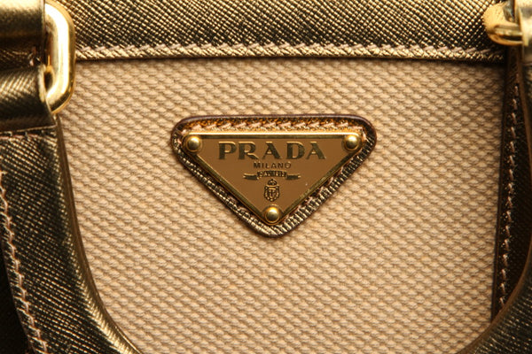 プラダ ベージュ ゴールド キャンバス レザー ハンドバッグ ショルダーバッグ 2WAY レディース PRADA 中古