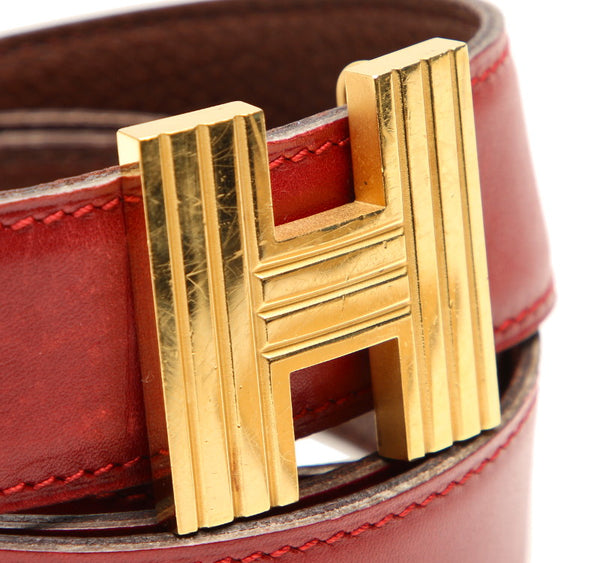 エルメス レッド レザー ベルト ユニセックス HERMES □D印刻(2000年制)刻印 中古