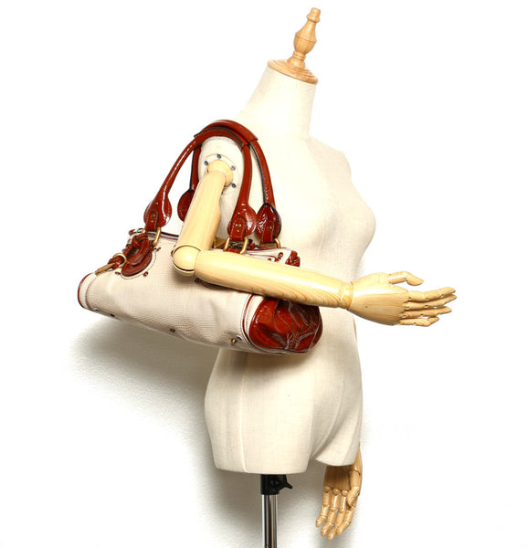 クロエ パディントン ホワイト ブラウン キャンバス エナメル ショルダーバッグ レディース Chloe 中古