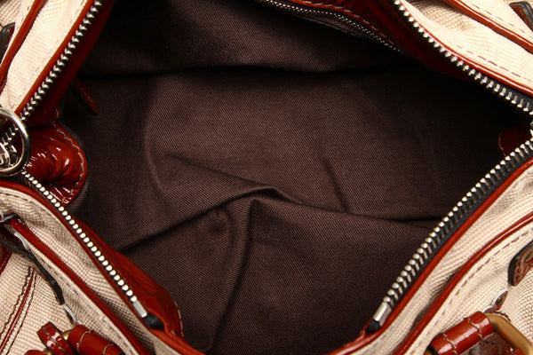 クロエ パディントン ホワイト ブラウン キャンバス エナメル ショルダーバッグ レディース Chloe 中古