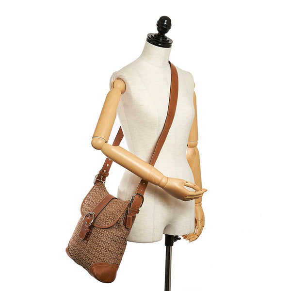 コーチ シグネチャー 斜め掛け ショルダーバッグ ブラウン キャンバス レザー レディース COACH 【中古】