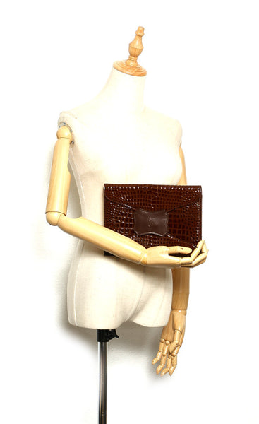 イヴ サンローラン ブラウン 茶 クロコ型押し クラッチバッグ レディース YVES SAINT LAURENT 中古