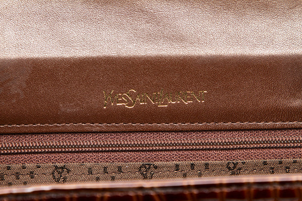 イヴ サンローラン ブラウン 茶 クロコ型押し クラッチバッグ レディース YVES SAINT LAURENT 中古