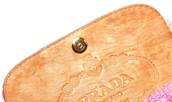 プラダ BR4658 ピンク ツイード レザー 肩掛け チェーン ショルダーバッグ レディース PRADA 中古