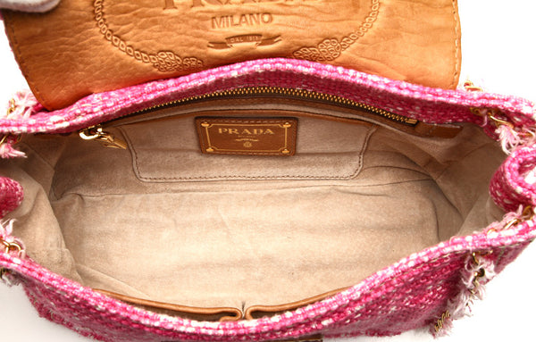 プラダ BR4658 ピンク ツイード レザー 肩掛け チェーン ショルダーバッグ レディース PRADA 中古