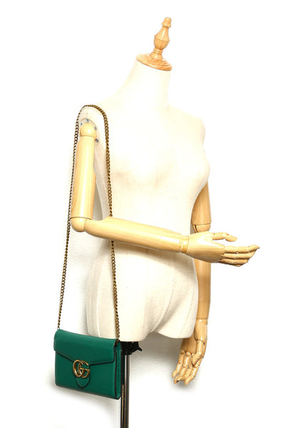 グッチ ＧＧマーモント 401232 グリーン レザー ウォレットチェーン レディース GUCCI 中古