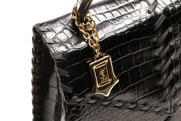 イヴ サンローラン ブラック 黒 レザー 型押し ハンドバッグ レディース YVES SAINT LAURENT 中古