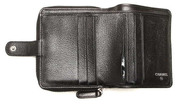 シャネル カメリア ブラック レザー 二つ折り財布 レディース CHANEL 中古