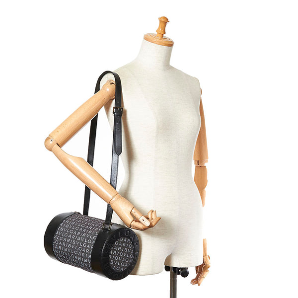 ブルガリ ロゴマニア グレー ブラック キャンバス レザー ショルダーバッグ レディース BVLGARI 【中古】