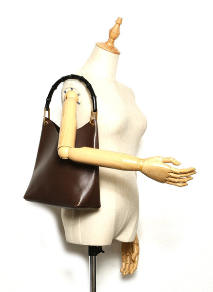 グッチ ウッドハンドル 001・1553 ブラウン レザー ハンドバッグ レディース GUCCI 中古