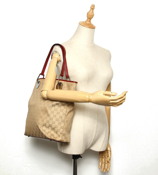 グッチ GGキャンバス 120836 ベージュ レッド キャンバス レザー トートバッグ レディース GUCCI 中古