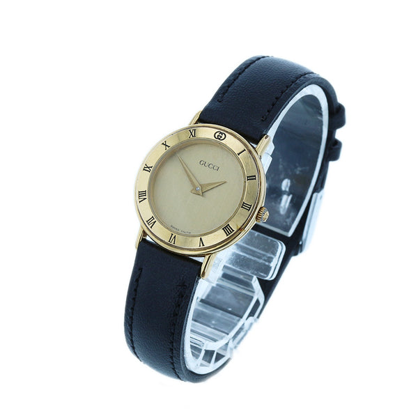 グッチ ローマン  3000.2.L ブラック レザー メッキ 腕時計 レディース GUCCI クオーツ ゴールド文字盤 【中古】