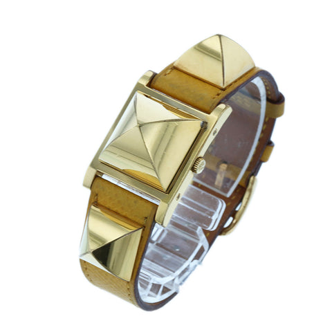 エルメス メドール  ゴールド イエロー メッキ レザー 腕時計 レディース HERMES 〇Y刻印 クオーツ ホワイト文字盤 【中古】