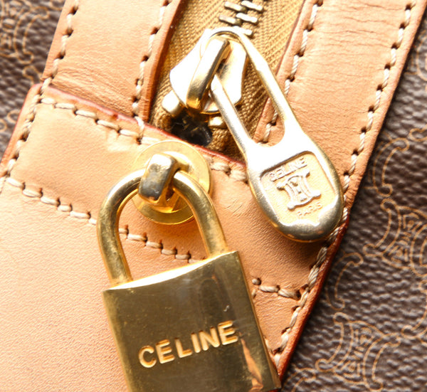 セリーヌ マカダム ブラウン PVC レザー ボストンバッグ ユニセックス CELINE 中古