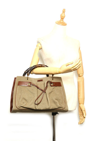 グッチ バンブー 109138 カーキ ブラウン キャンバス レザー ハンドバッグ レディース GUCCI 中古
