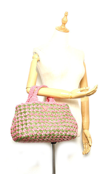 プラダ カナパ ピンク グリーン ストロー ハンドバッグ レディース PRADA 中古