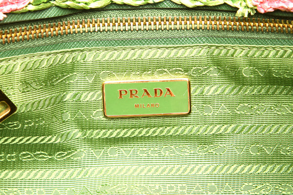 プラダ カナパ ピンク グリーン ストロー ハンドバッグ レディース PRADA 中古