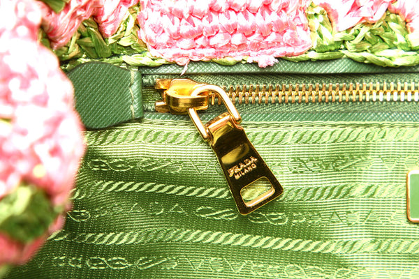 プラダ カナパ ピンク グリーン ストロー ハンドバッグ レディース PRADA 中古