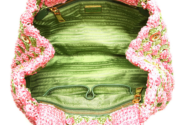 プラダ カナパ ピンク グリーン ストロー ハンドバッグ レディース PRADA 中古