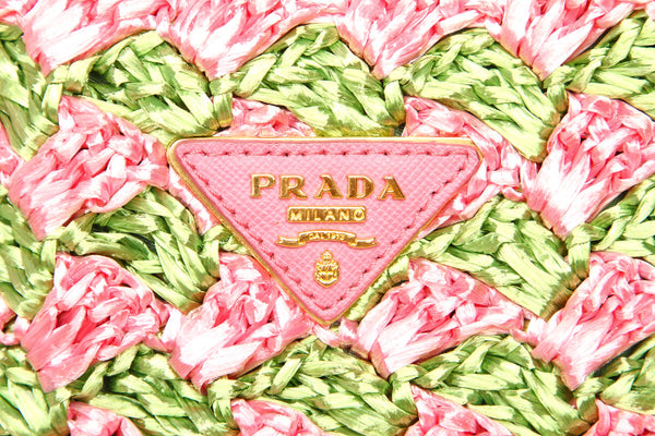 プラダ カナパ ピンク グリーン ストロー ハンドバッグ レディース PRADA 中古