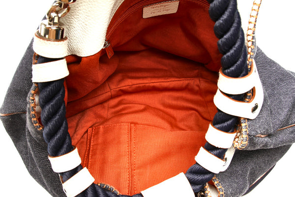 サルヴァトーレフェラガモ FG 21 7326 ネイビー ホワイト デニム レザー ショルダーバッグ レディース Salvatore Ferragamo 中古