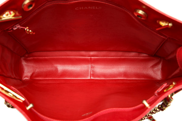 シャネル レッド 赤 レザー チェーン ショルダー トートバッグ レディース CHANEL 中古