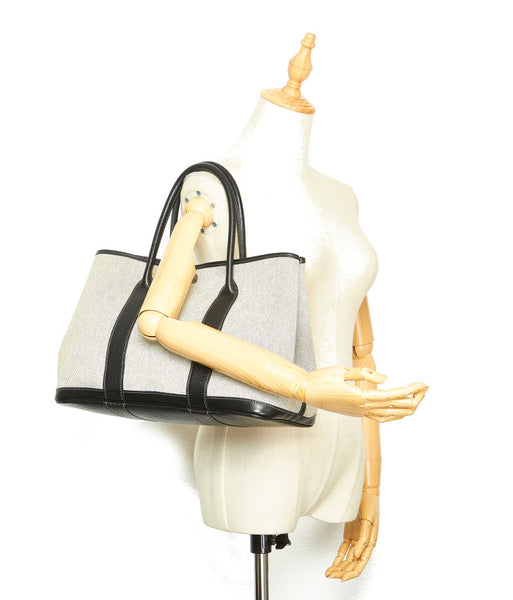 エルメス ガーデンパーティ PM グレー ブラック キャンバス レザー トートバッグ ユニセックス HERMES □G刻印 中古