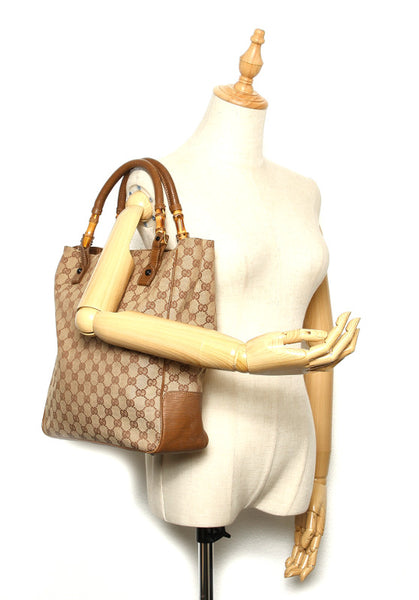 グッチ GGキャンバス ウッド 112530 ブラウン キャンバス レザー トートバッグ レディース GUCCI 中古