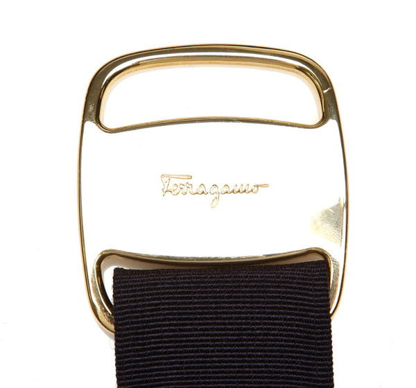 サルヴァトーレフェラガモ ヴァラ ネイビー ゴールド ナイロン レザー ベルト レディース Salvatore Ferragamo 中古