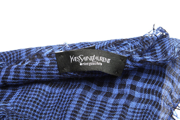 イヴ サンローラン ブルー ブラック カシミヤ シルク ストール レディース YVES SAINT LAURENT 中古