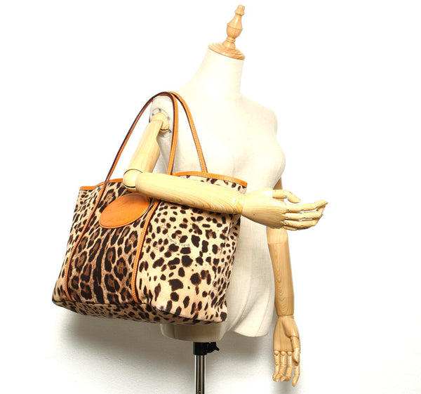 ドルチェアンドガッバーナ レオパード ベージュ オレンジ キャンバス レザー トートバッグ ユニセックス DOLCE&GABBANA 【中古】