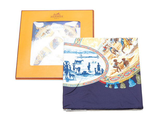 カレ90 CAVALIERS PEULS プール族の騎手 ブルー シルク スカーフ レディース 中古