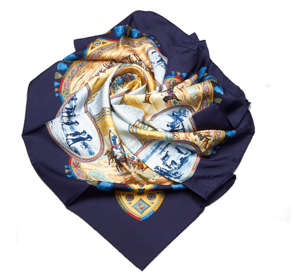 カレ90 CAVALIERS PEULS プール族の騎手 ブルー シルク スカーフ レディース 中古