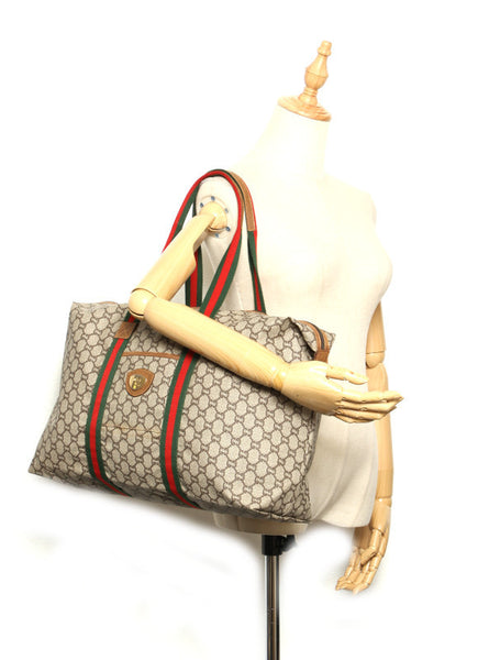 グッチ GGプラス シェリーライン ベージュ ブラウン PVC レザー ボストンバッグ ユニセックス GUCCI 中古