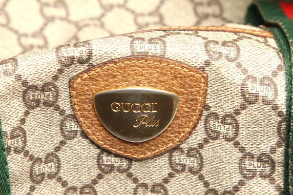 グッチ GGプラス シェリーライン ベージュ ブラウン PVC レザー ボストンバッグ ユニセックス GUCCI 中古