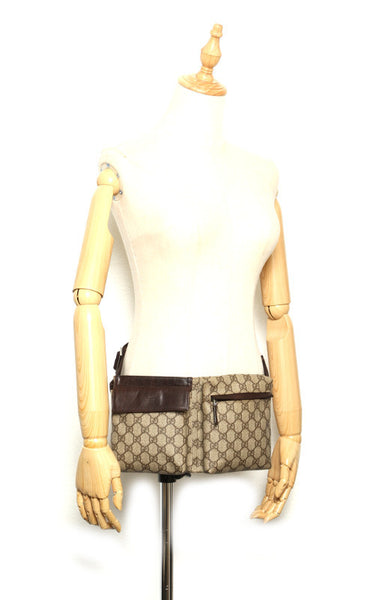 グッチ GGスプリーム 28566 ベージュ ブラウン PVC レザー ウエストバッグ ユニセックス GUCCI 中古