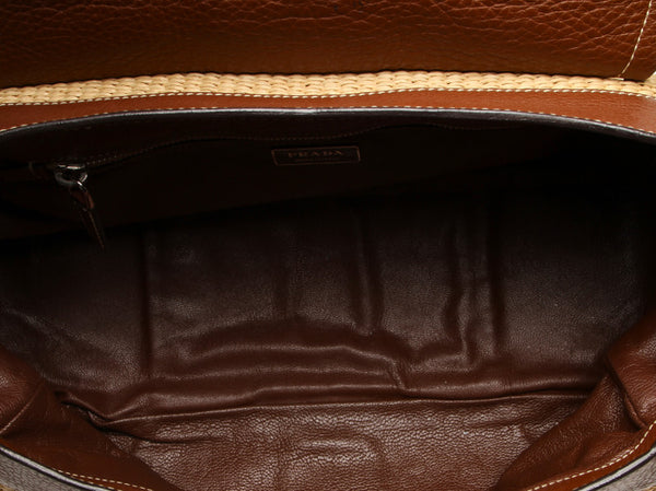 プラダ ブラウン 茶 レザー ラフィア ショルダーバッグ レディース PRADA 中古