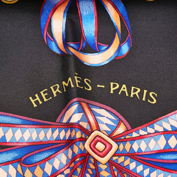 エルメス カレ90  LES RUBANS DU CHEVAL 馬のリボン スカーフ ブラック マルチカラー シルク レディース HERMES 【中古】