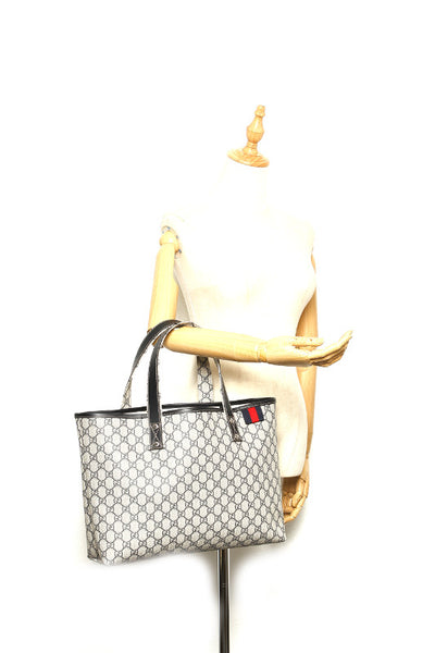 グッチ GGスプリーム 211134 ネイビー グレー PVC レザー トートバッグ ユニセックス GUCCI 中古