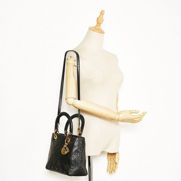 ディオール レディディオール カナージュ ハンドバッグ ブラック レザー レディース Dior 【中古】