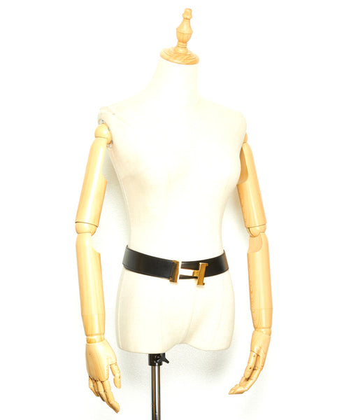 エルメス ブラック ゴールド レザー ベルト ユニセックス HERMES 〇F刻印 中古