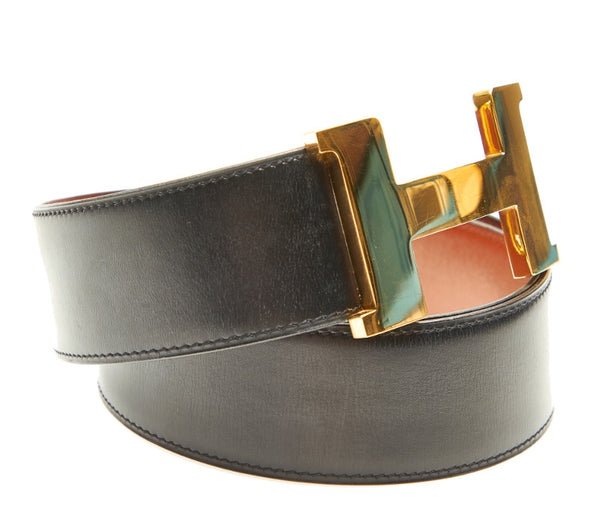 エルメス ブラック ゴールド レザー ベルト ユニセックス HERMES 〇F刻印 中古