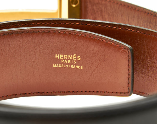 エルメス ブラック ゴールド レザー ベルト ユニセックス HERMES 〇F刻印 中古